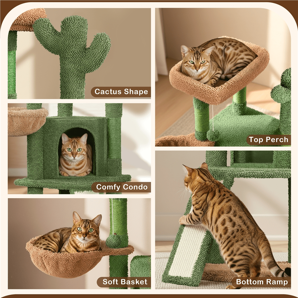 Yaheetech 42" Height Cactus Cat Tree with Scratching Posts, Basket & Ladder, Green/Brown