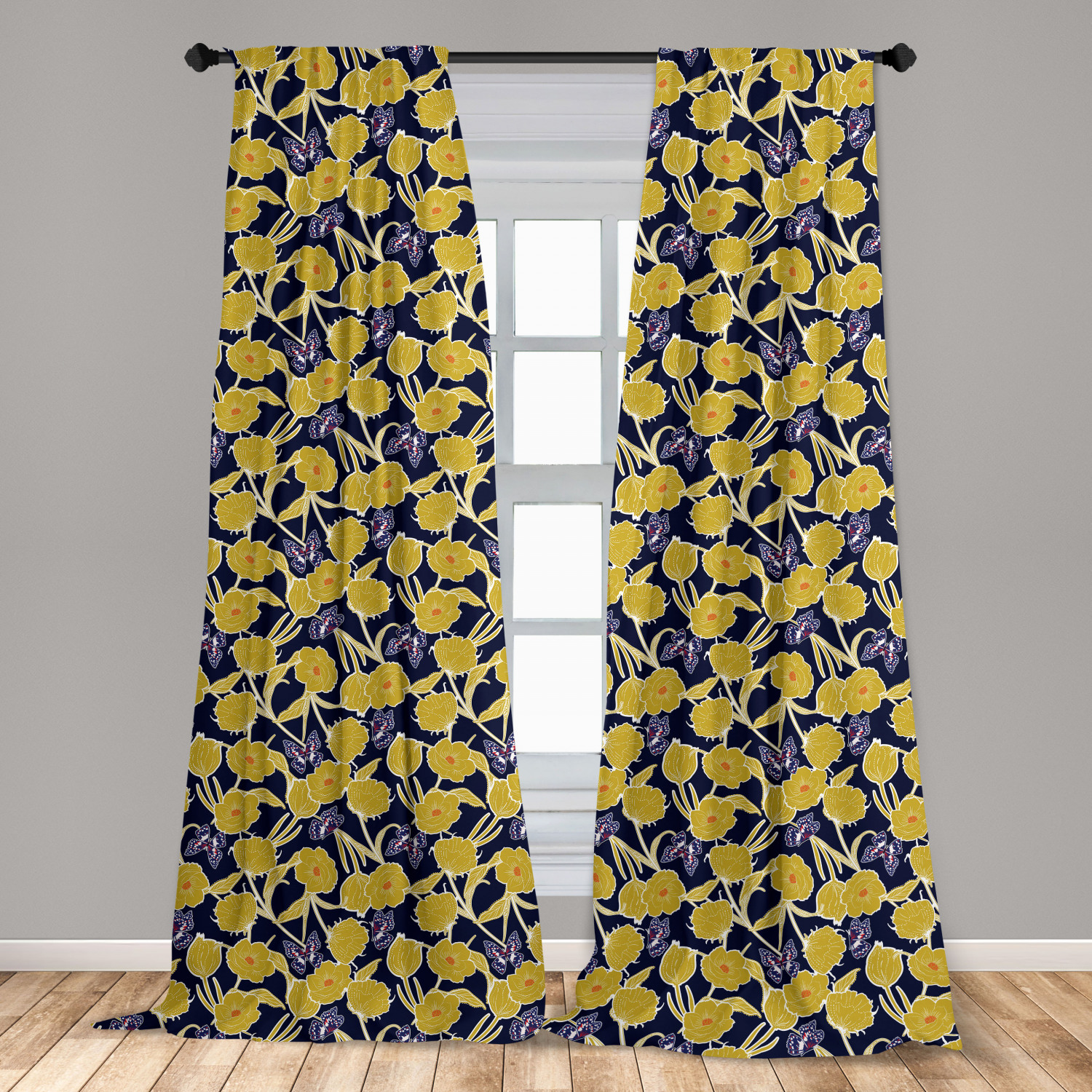 Spring Curtains 2 Panels Set, Pattern with Flowers and Butterflies