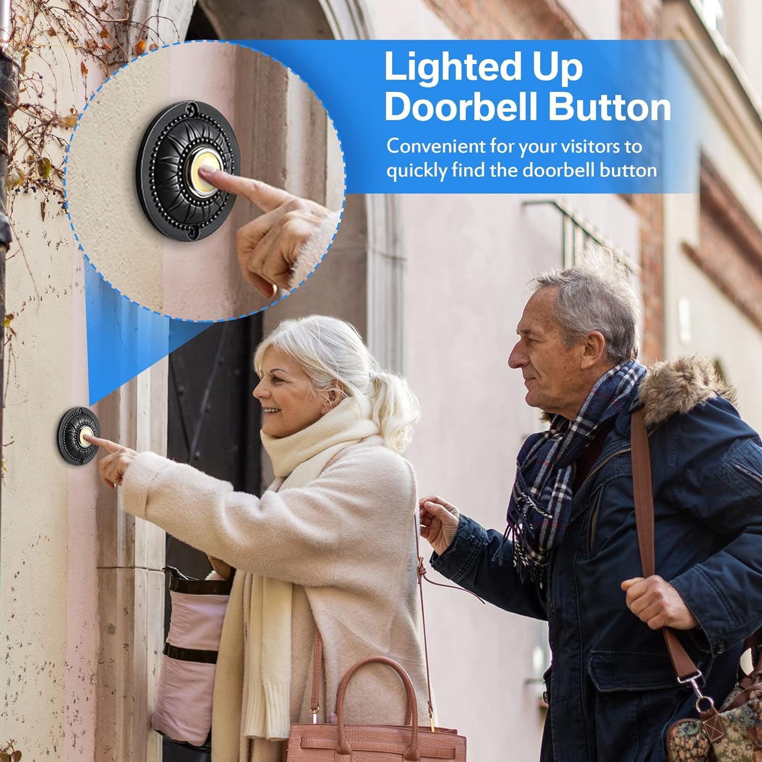 Round Metal Doorbell Push Button, Black Wired Lighted Up LED Doorbell Button Replacement Solid Iron Doorbell for Home Front Door