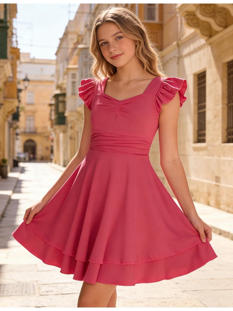 Lanbubble Girls Ruched Dresses Ruffle Sleeve Teens Tiered Swing A-line Hot Pink Dress 9-10 Years, Girl's