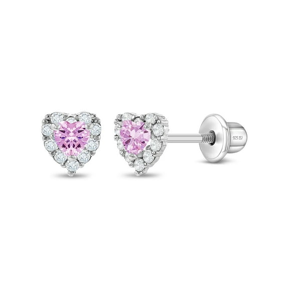 925 Sterling Silver 5mm Pink & Clear CZ Heart Toddler Girls Screw Back Earrings