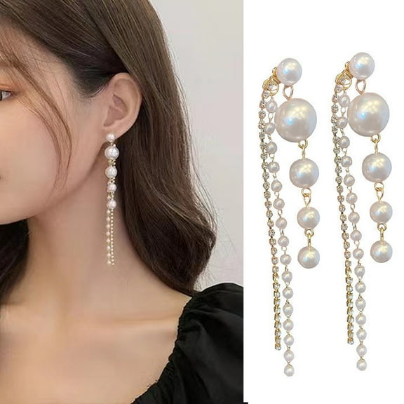 Visland 1 Pair Stud Earrings Tassel Faux Pearls Beaded Temperament Straight Hanging Decoration High-end Long Tassel Dangle Hanging Earrings Costume Accessories
