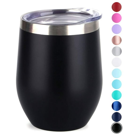 SUNWILL Vacuum Insulated Wine Tumbler with Lid (Black), Stemless Stainless Steel Insulated Wine Glass 12oz, Double Wall Durable Coffee Mug, for Champaign, Cocktail, Beer, Office use Black