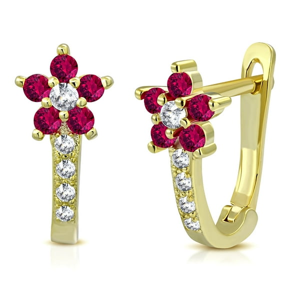 925 Sterling Silver Yellow Gold-Tone Red CZ Floral Flower Hoop Huggie Earrings, 0.45"