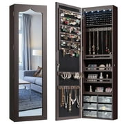 Giantex 5 LEDs Jewelry Armoire Wall Mounted/Door Hanging Mirror, Lockable Jewelry Cabinet with Full Length Mirror and 6 Drawers, Large Capacity Jewelry Organizer Storage Box for Women Girls (Brown)