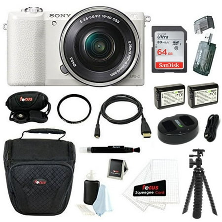 Sony Alpha a5100 Camera (White) w/16-50mm Lens + 32GB Memory Card + Accessory Bundle