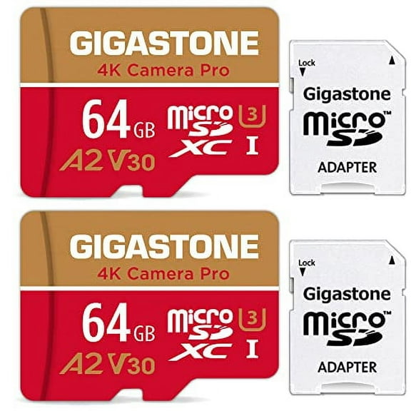Gigastone 64GB 2-Pack Micro SD Card, 4K Camera Pro for GoPro, Security Camera, Wyze, DJI, R/W up to 95/35MB/s MicroSDXC Memory Card UHS-I U3 A2 V30 - GS-2IN1-4KA2V30-64GBX2-R