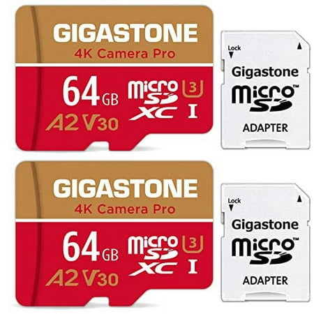 Gigastone 64GB 2-Pack Micro SD Card 4K Camera Pro for GoPro Security Camera Wyze DJI R/W up to 95/35MB/s MicroSDXC Memory Card UHS-I U3 A2 V30 - GS-2IN1-4KA2V30-64GBX2-R