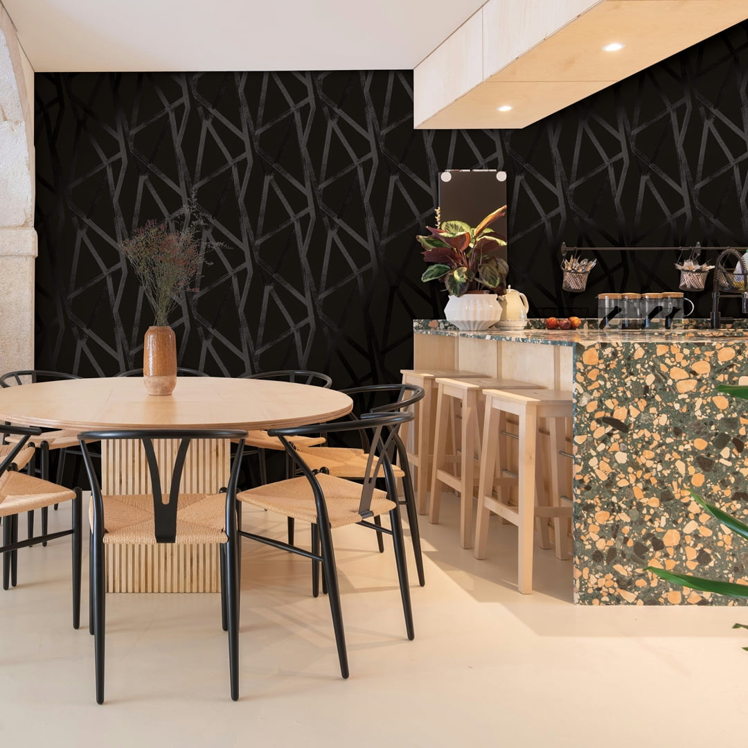 Tempaper x Genevieve Gorder Intersections Metallic Black on Black Peel and Stick Wallpaper, 20.5" x 16.5'
