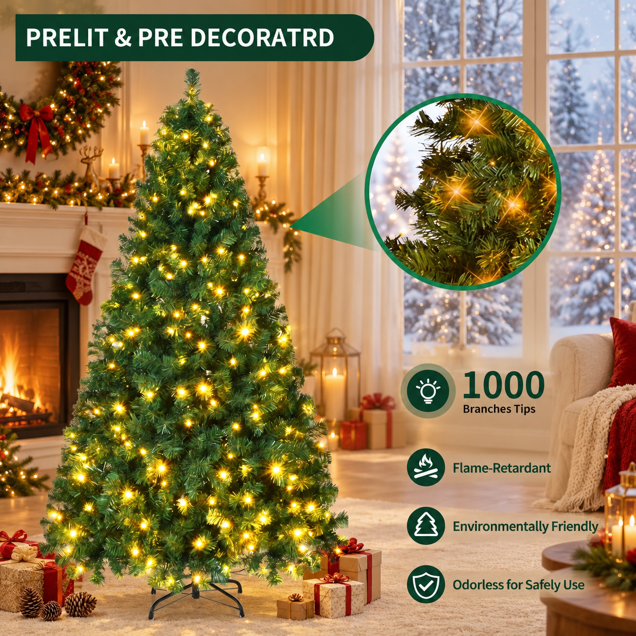 Fenbeli 6ft Pre-Lit Artificial Christmas Tree, 250 Warm White LED Lights, 1,000 PVC Branch Tips, Full Hinged Design with Foldable Metal Stand, Easy Assembly for Indoor & Outdoor Holiday Decor, Green