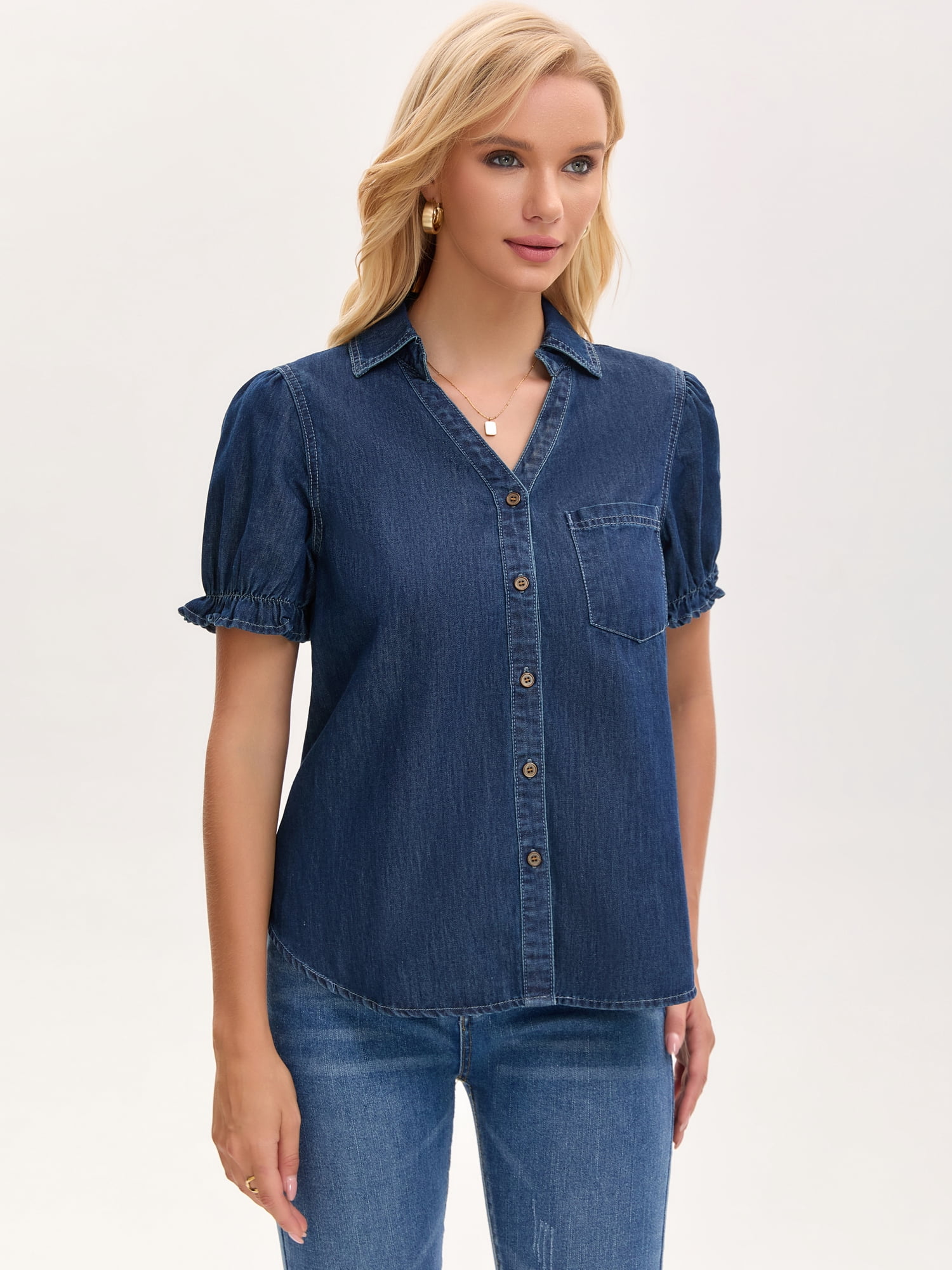 DARING DIVA Women's Denim Shirt Short Sleeve V Neck Button Front Jean Tops 2XL Dark Blue