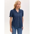 thumbnail image 2 of DARING DIVA Women's Denim Shirt Short Sleeve V Neck Button Front Jean Tops S Dark Blue, 2 of 7