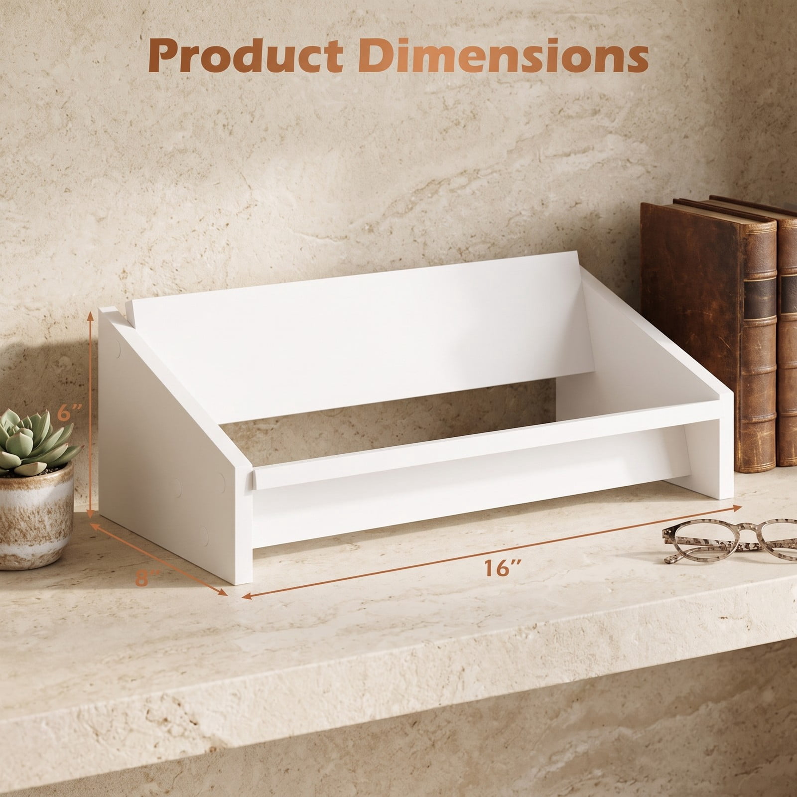 Furnibear Wooden Tilting Desktop Bookshelf, Small Tabletop Book Organizer Storage Rack for Magazines Vinyl Records Cookbooks, Space-Saving Wood Bookcase for, White