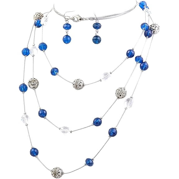 Bocar Fashion 3 Layer Handmade Beads Necklace Earring Set Long Illusion Necklace for Women