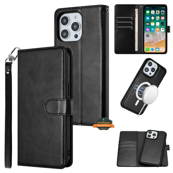 For Apple iPhone 15 Pro (6.1") Deattachable PU Leather Hybrid Wallet Money Credit Card Holder Support Magsafe Charger Cover ,Xpm Phone Case [ Black ]