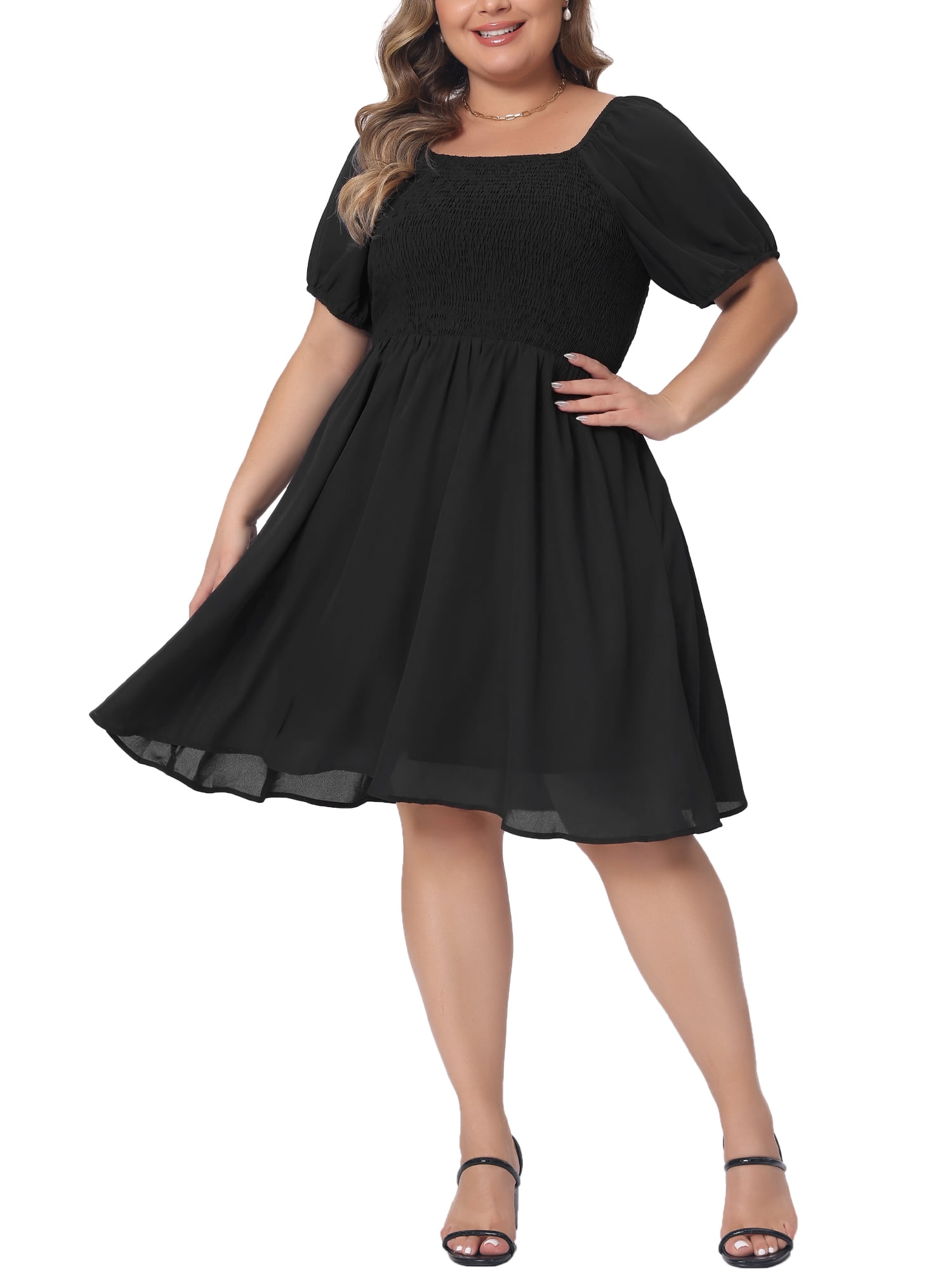 DARING DIVA Women's Plus Dress Smocked Square Neck Stretchy Midi Dress 3XL Black