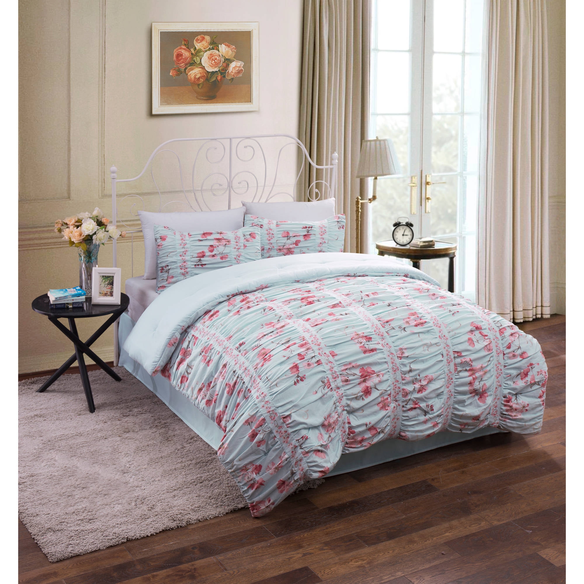 Ruched Floral Cotton Bedding Comforter Set Walmart Com