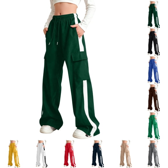 SGFCWSX Girls Cargo Wide-Leg Pants, Kids Uniform Pants Elastic Waist School Casual Trousers with Side Stripe and Pockets Army Green Size 14-15 Years
