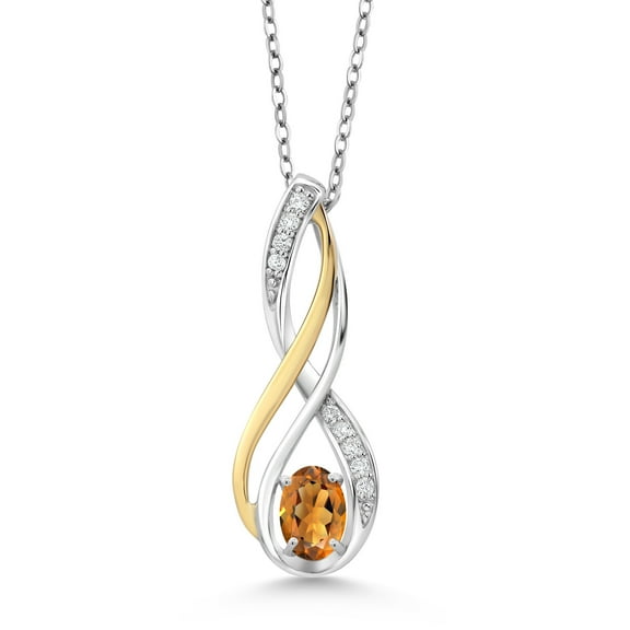 10K Yellow Gold and 925 Sterling Silver Orange Red Madeira Citrine and White Moissanite Pendant Necklace for Women (0.46 Cttw, Gemstone Birthstone, Oval 6X4MM, With 18 inch Silver Chain)
