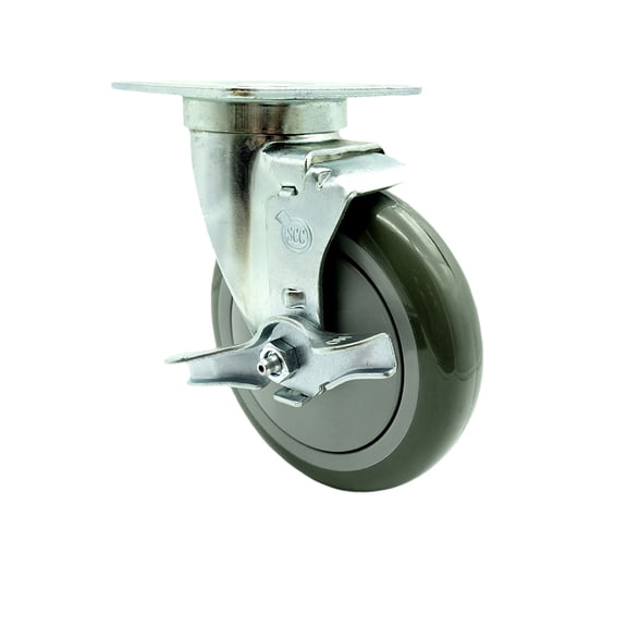 SCC - 5" x 1.25" Gray Polyurethane Wheel Swivel Caster w/Brake - 350lbs/Caster
