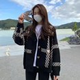 thumbnail image 4 of Suéter a cuadros coreano nuevo de otoño e invierno, chaqueta de mujer, temperamento casual, color de contraste, cuello en V, cárdigan de punto holgado de estilo perezoso, 4 of 5