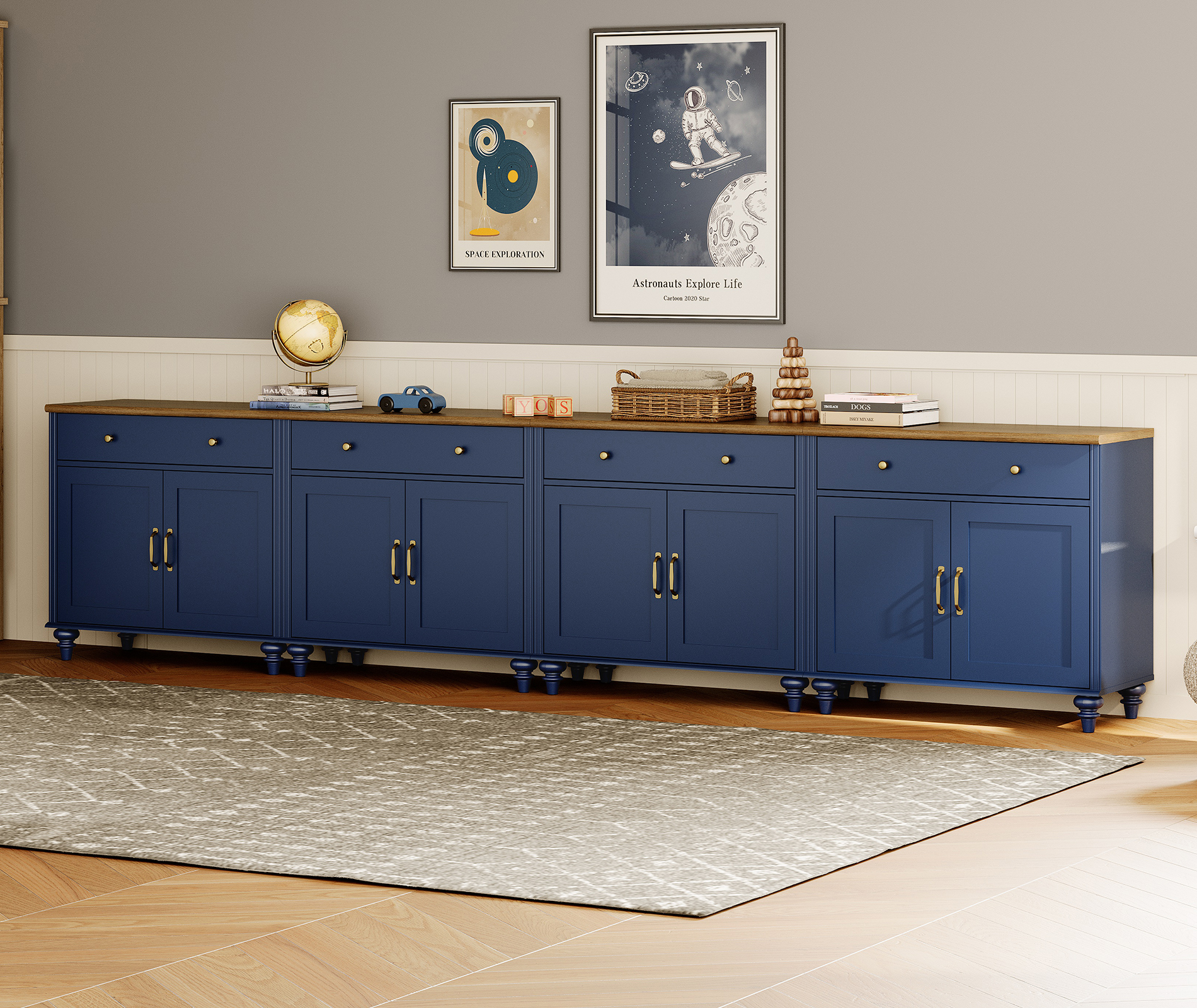 TV Stand for 100 inch TV with 8 Doors and 4 Drawers, Wood Universal TV Stands with Storage Cabinets, Entertainment Center TV Console Table for Living Room, Bedroom, Navy Blue
