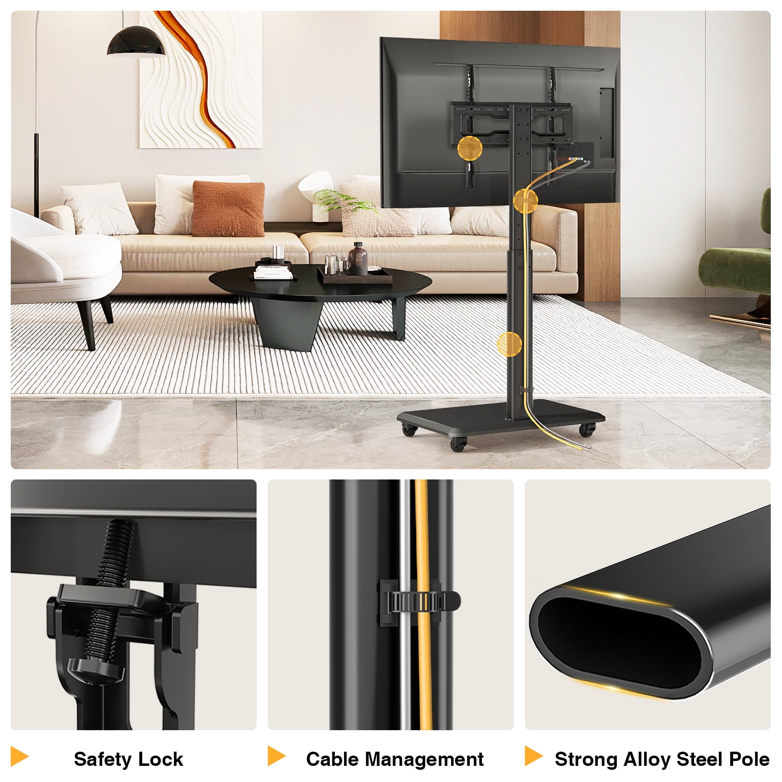 RTVR Rolling TV Stand for 32 to 70 Inch TVs,9 Levels of Height & ±30° Swivel Adjustable Mobile TV Stand for Bedroom, Corner, Small Dorm, Modern Portable Corner TV Stand with Upgraded Wheels,Black