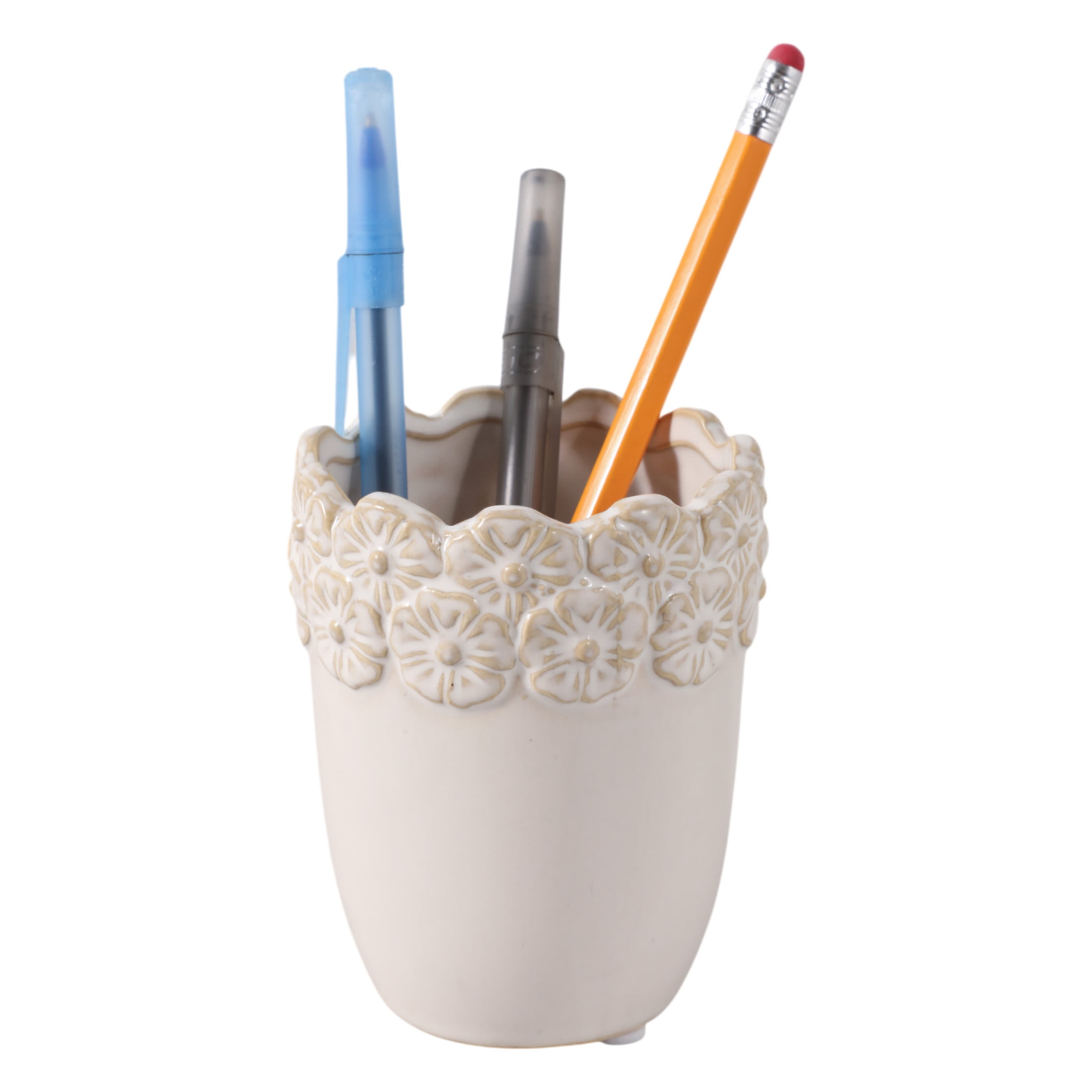 Flower and Scallop Border Ceramic Desk Organizer - Cute Desktop and Office Storage Organizer for Workspace Decor - Functional Small Desk Holder for Office Accessory and Home Decor - 5", Ivory