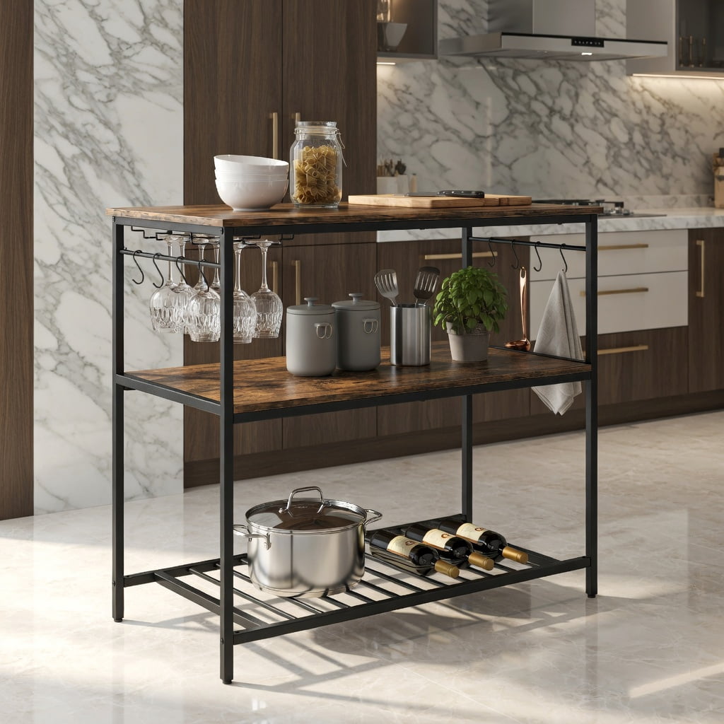 Resenkos 3 Shelves Kitchen Island Industrial Prep Table with Bottom Wine Rack-Rustic Brown, Storage Rack Microwave Oven Stand for Spices, Pots, and Pans