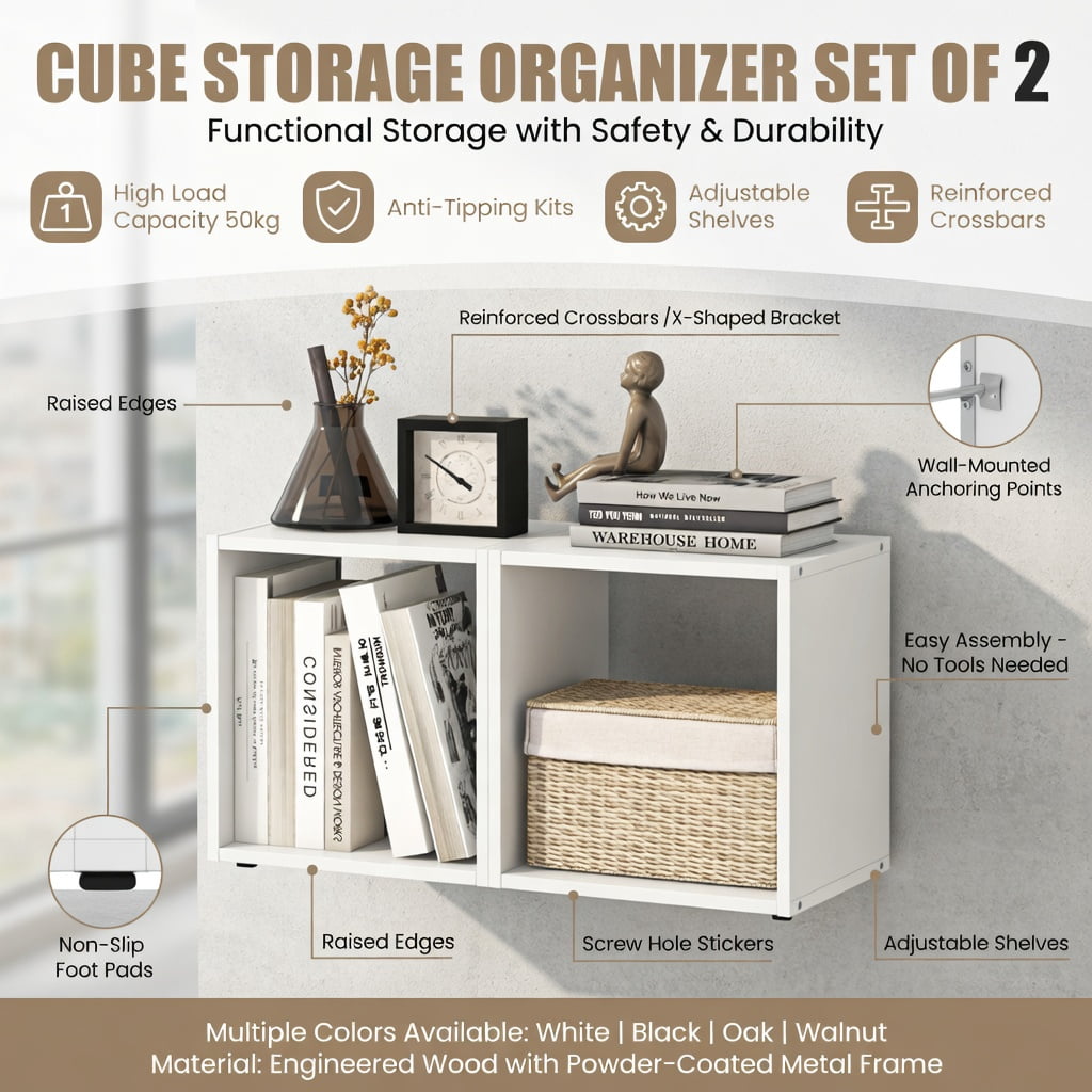 Spaco Cube Storage Organizer Set of 2-White, Tall Bookshelf, Shelves for Living Room, Home Office, Bedroom, Balcony