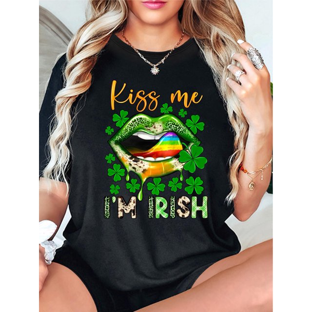 Camiseta De Manga Corta Para Mujer, Camisetas De Verano Para Pescar, Acampar, Uso Diario1pc Women's St. Patrick's Day T-Shirt - Casual Crew Neck Short Sleeve Top with "Kiss Me I'm Irish" PCamisetas