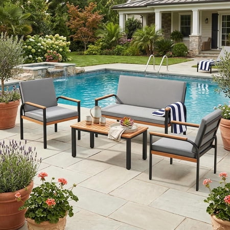 Topcobe 4 Piece Patio Furniture Set with Coffee Table and Loveseat with Removable Cushions Outdoor Patio Furniture Set Easy to Assemble-Gray