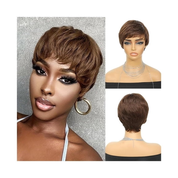 Short Wig Layered Chocolate Brown Cut Human Hair Wig 4# Straight Hair Pixie Wigs with Bangs