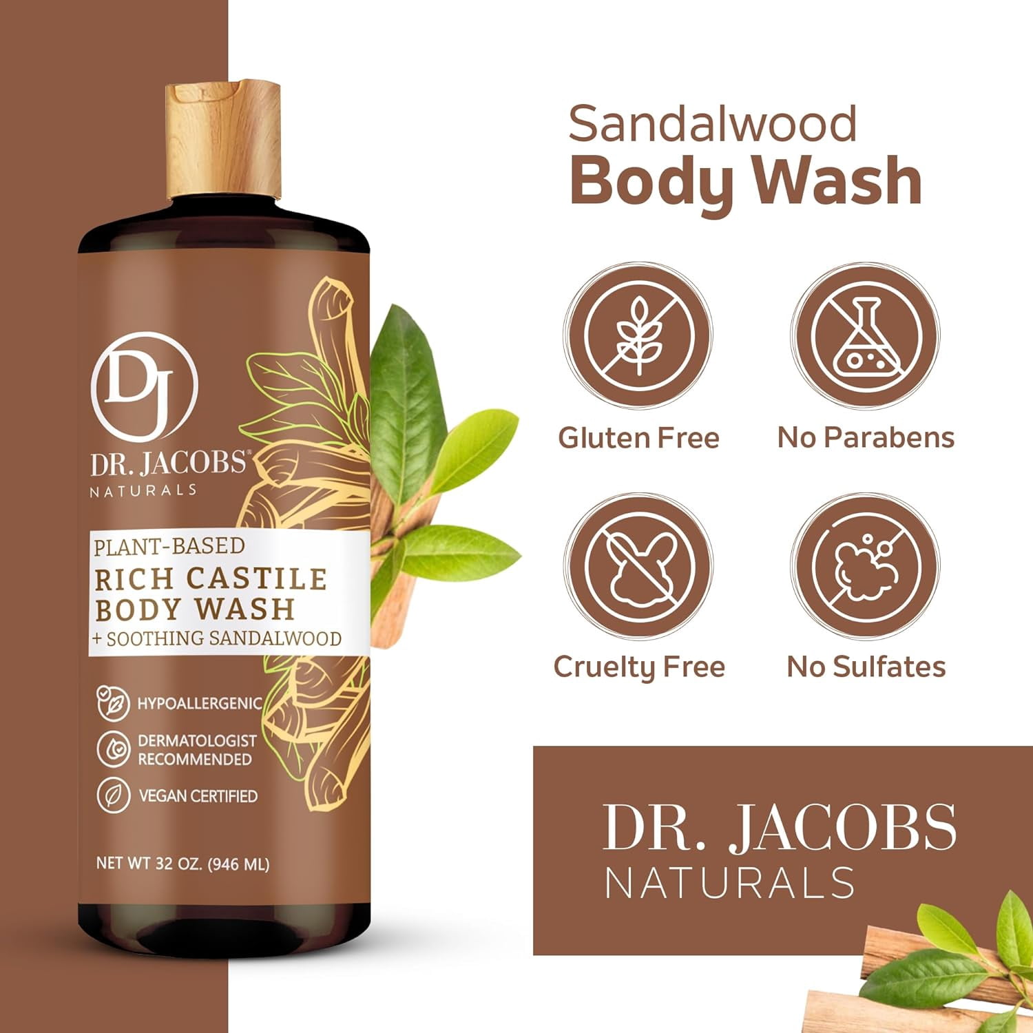 Dr Jacobs Naturals Castile Soap Body Wash Plant Based Liquid Soap, Sandalwood 32 Oz 3-Pack