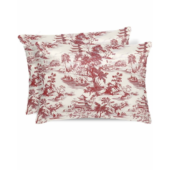 Hokiten King Size Pillow Cases Set of 2, Pillow Covers for Bed, Red Garden Retro Satin Pillowcases with Zipper for Hair/Skin, Pillow Protector Cover, Modern Art Building Tree Boat 20x36 Inches