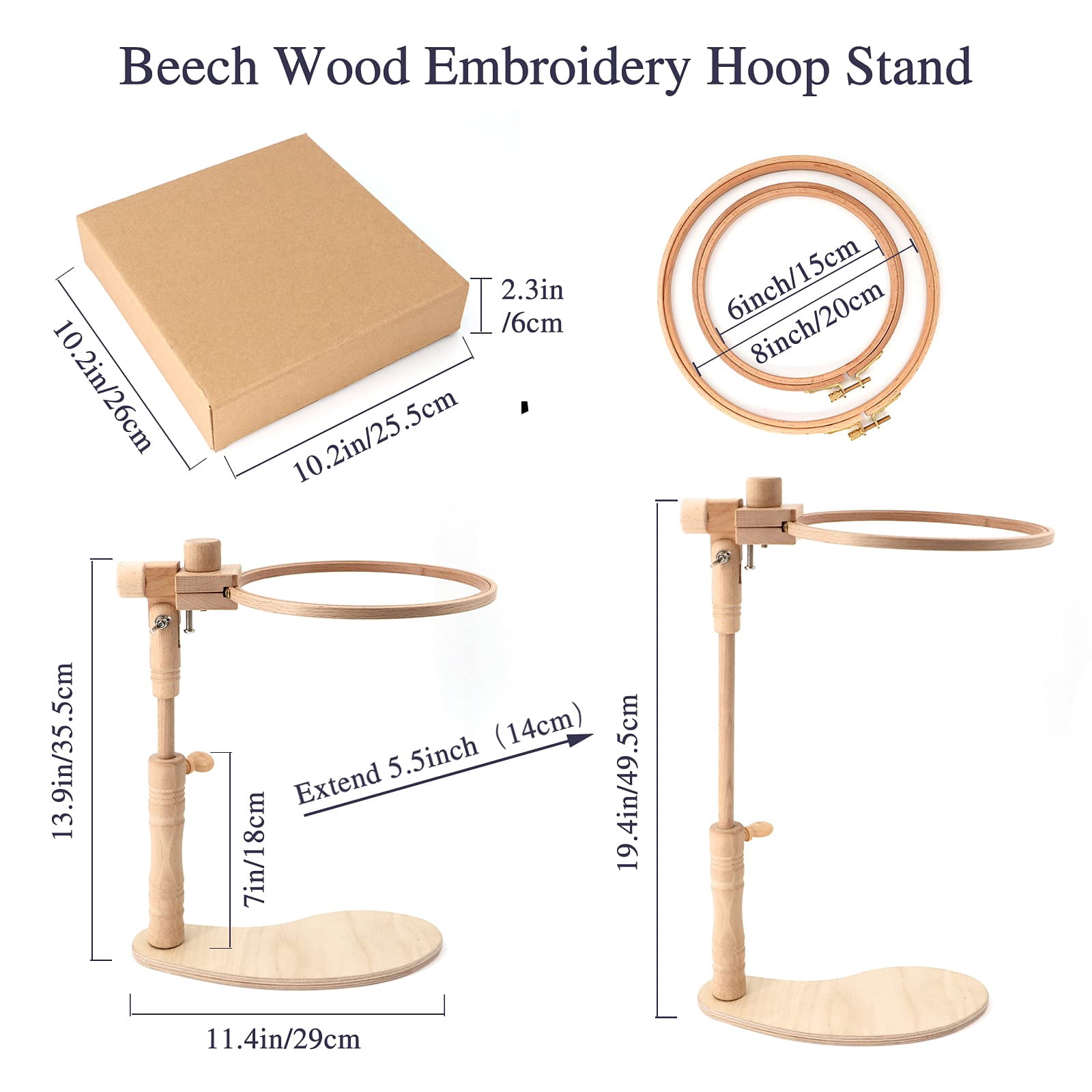 ZYNERY Beech Wood Adjustable Rotated Embroidery Hoop Stand with 2 Pcs 6'' 8'' Embroidery Hoops, Wooden Embroidery Stand, Embroidery Hoop Holder for Cross Stitch and Embroidery Project (A)