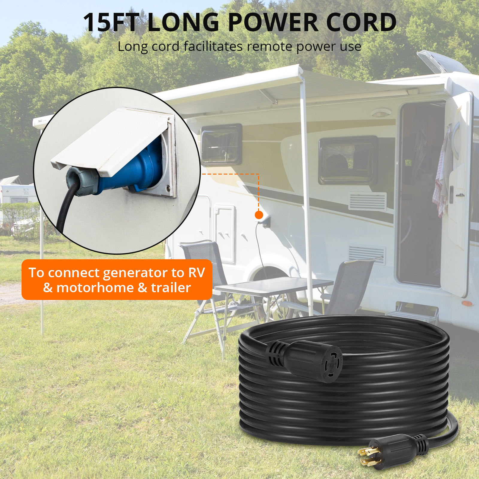 Garvee 15FT 30 Amp Generator Extension Cord, L14-30P to L14-30R Connector, 10 Gauge STW Cable for RV Power Transfer, 125/250V 7500W ETL Listed