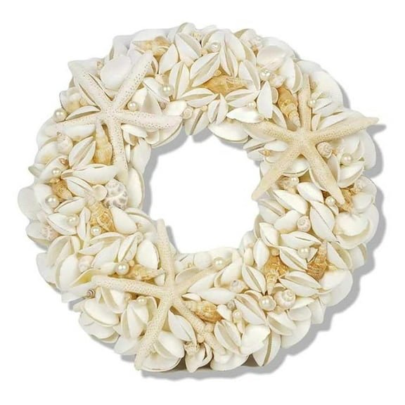 Natural Seashell Wreath w/Shells, Starfish, Pearls, Sea Snails - Spring & Summer Coastal Decor Beach House Indoor Door Wreath, 18in White/Natural