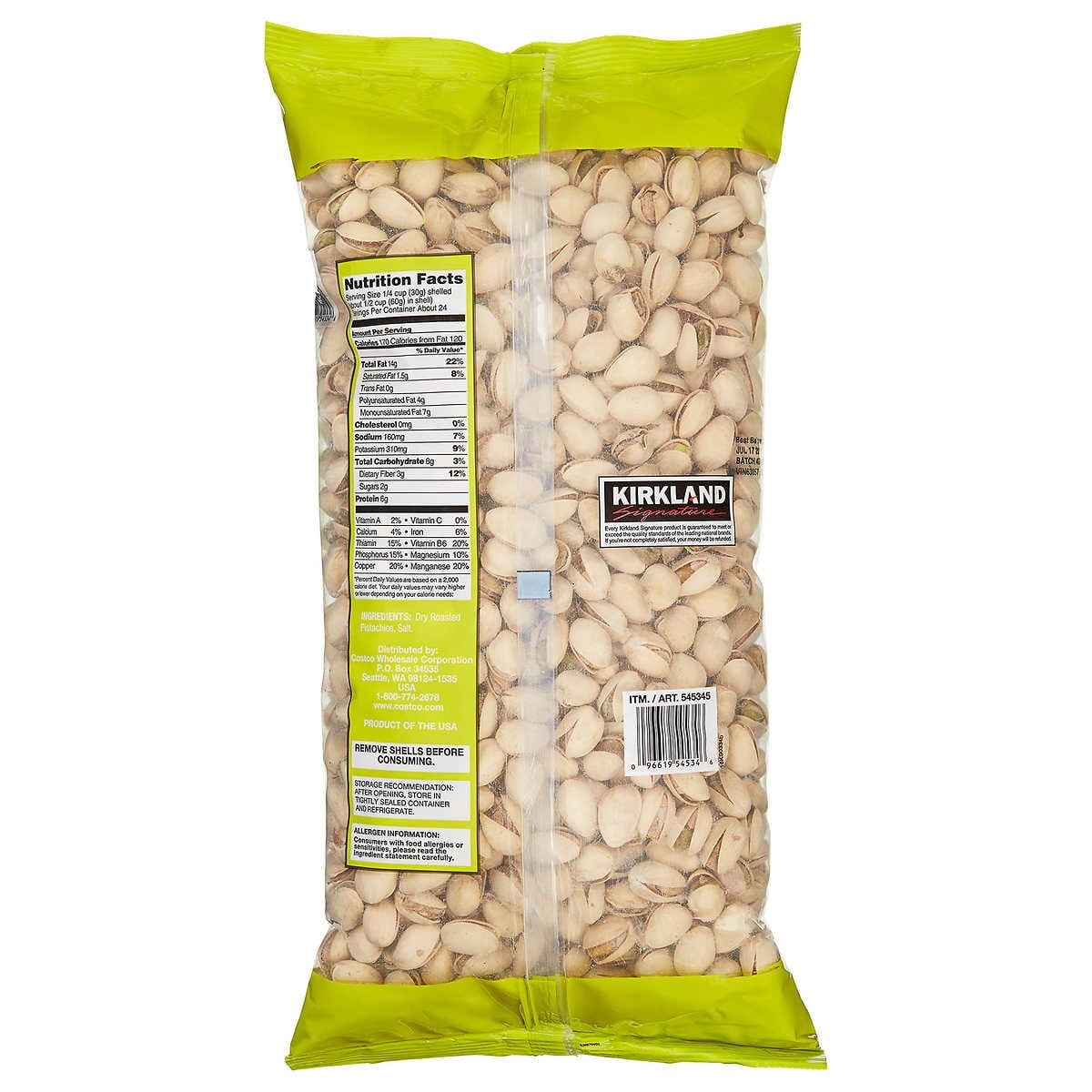 Kirkland Signature Roasted and Salted Whole Pistachios, 2 Pack, 6 lbs