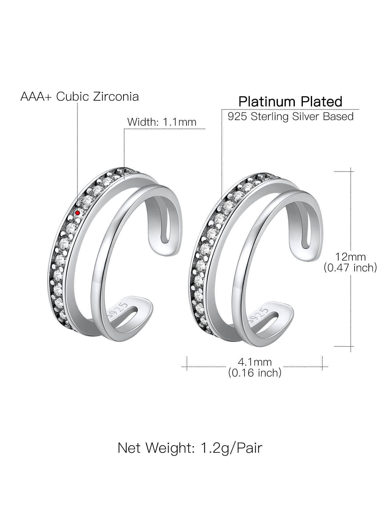 Suplight 925 Sterling Silver White Gold Plated Ear Cuffs Earrings, Smooth-Surface & Zircon Huggie Clip On Cartilage Earrings for Women
