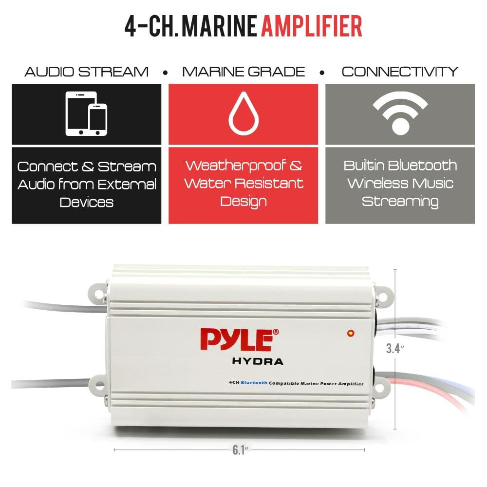 Jovial Auto 4-Channel Marine Amplifier 200 Watt RMS 4 OHM Full Range Stereo with BT & Powerful Prime Speaker High Crossover HD Music Audio Multi Channel System CA-PLMRMB4CW