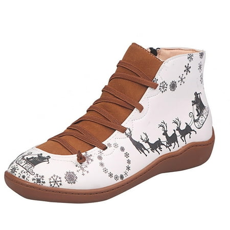 

Women Vintage Short Boots Christmas Printed Comfort Outdoor Walking Shoes Flatform Casual Ankle Booties