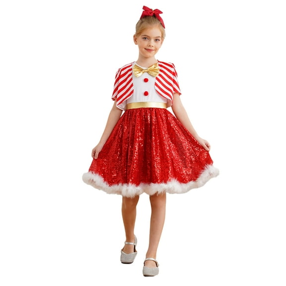 Aislor Kids Girls Christmas Dress Outfit Santa Gown Costume Sleeveless Gold Bow Knot with Stripe Red 4