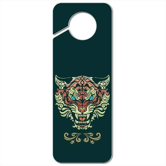 Fierce Snarling Tribal Tiger Oni  Plastic Door Knob Hanger Sign