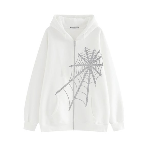 IROINNID Women's Short Hoodie Overcoat Round Neckline Print Long Sleeve Autumn Gothic Dark Loose Casual Tops Coat, White