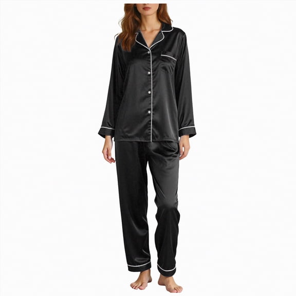 Rotm Sexy Pajamas for Women Womens Pajamas Set, Soft Silk Satin Sleepwear Lace Trim Nightdress Pj Set, Comfy Home Lounge Black,5XL