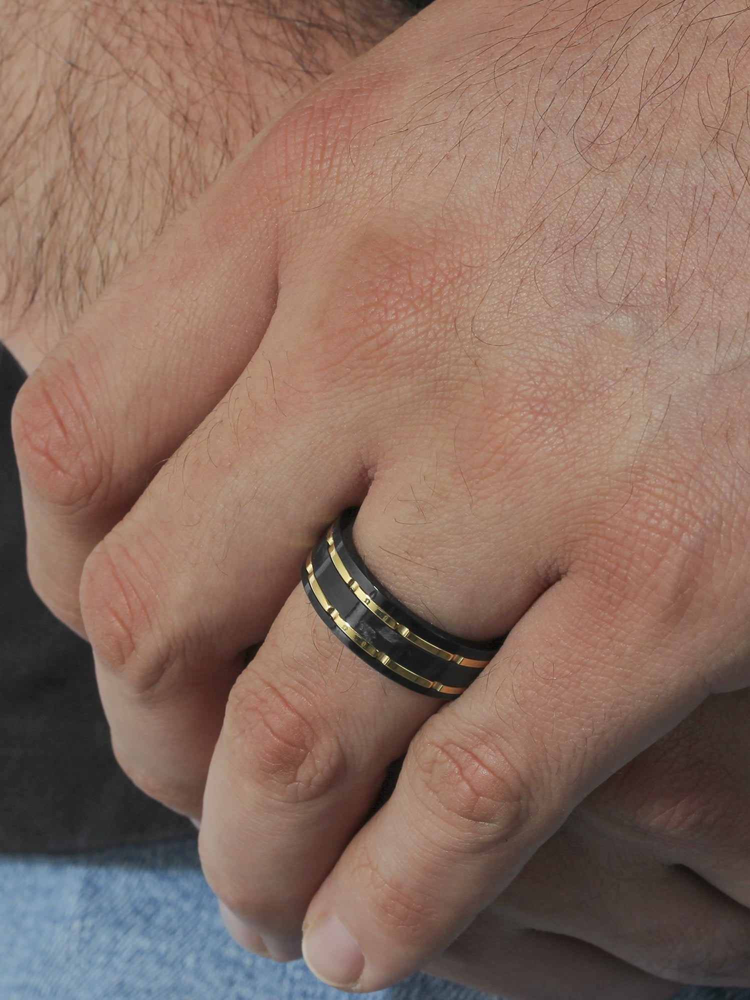 Brilliance Fine Jewelry Men's Black Tungsten with Yellow Finish & Forged Carbon Fiber Center Grooved Band - Wedding Band