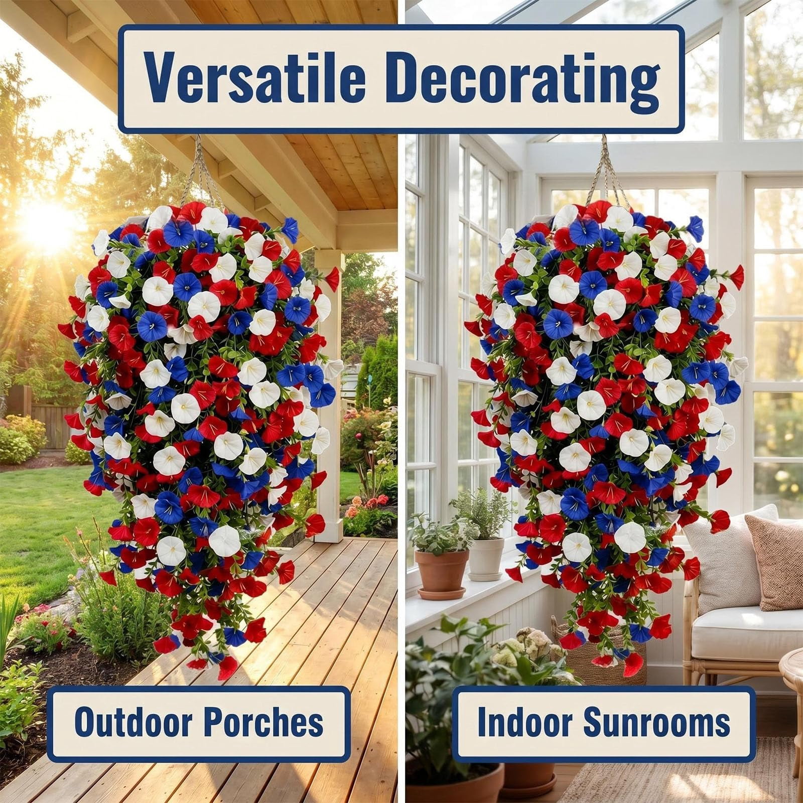 Red White and Blue Hanging Flowers, Patriotic Hanging Flower Baskets – Artificial Plants for Anniversary Porch Decor, Veterans Memorial Day Patio Home