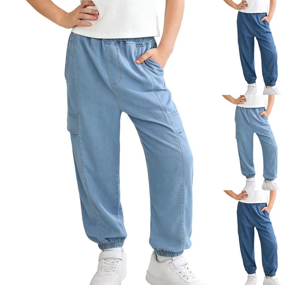 Mifsaly Girls Denim Jogger Pants Elastic Waist Lightweight Jeans Relaxed Fit Kids Cotton Chambray Track Pants with Pockets