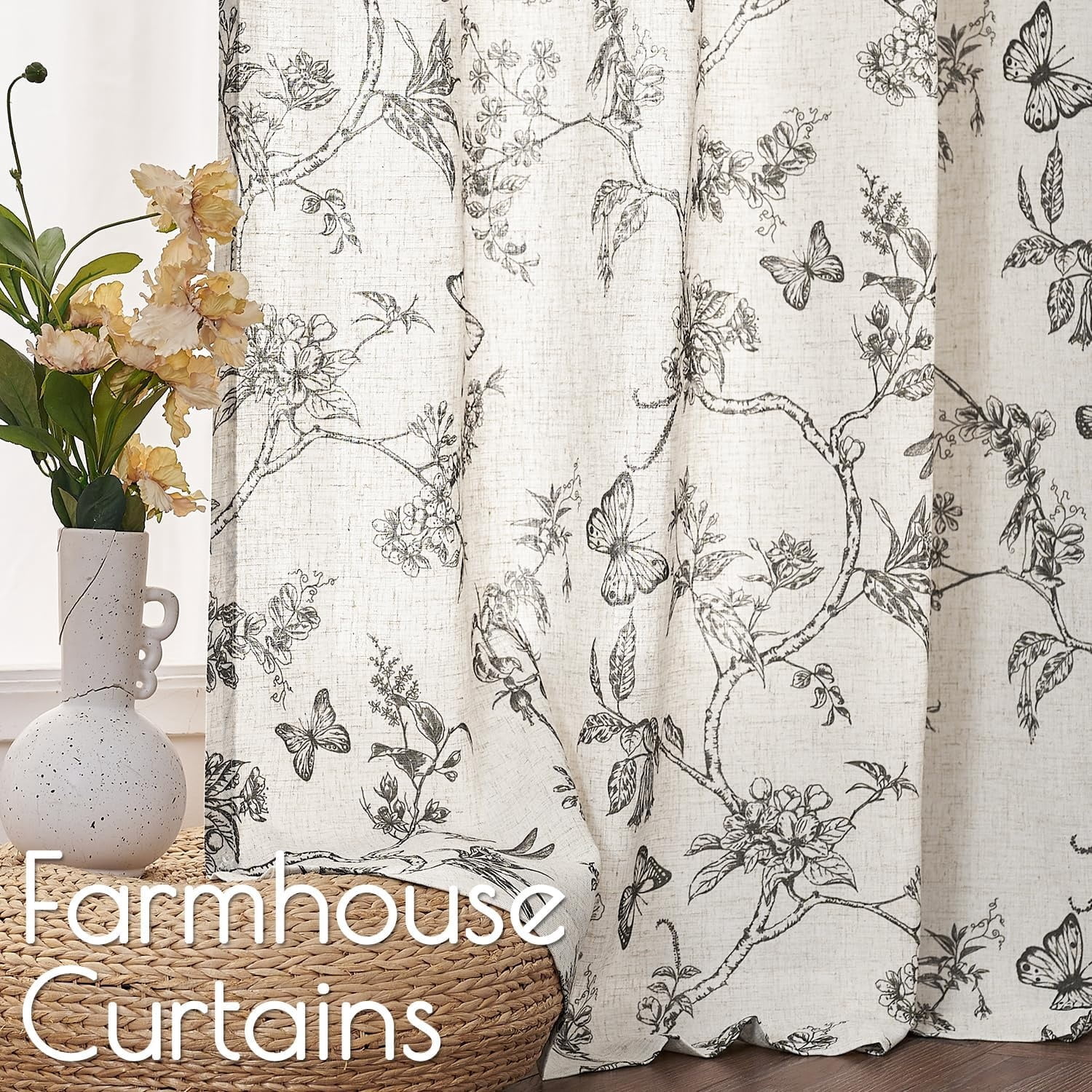 Black Floral Curtains 84 Inch Length Linen Farmhouse Curtain Back Tab Drapes for Living Room Bedroom Light Filtering Vintage Rod Pocket Curtains, 2 Panels, Black on Beige